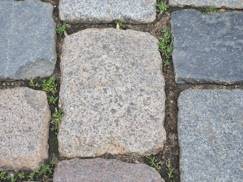 Kopftseinpflaster mit Fugenbewuchs in hell und dunkelgrauem Granit