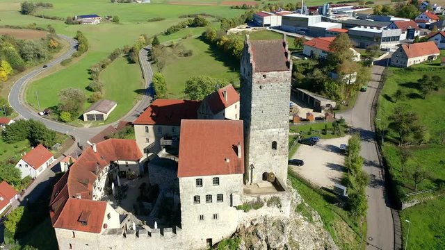 Aerial view, flight along Katzenstein Castle near Dischingen, Ostalb, Swabian Alb, Baden-Wuerttemberg, Germany
