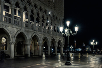 Venice at night, Italy. Doge`s Palace or Palazzo Ducale on St Mark`s square in the Venice city center. San Marco is a main tourist attraction of Venice. Renaissance architecture of old Venice. 