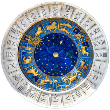  Astrology and Zodiac signs of ancient clock isolated on white. Medieval mechanism Torre dell'Orologio, Venice, Italy. Old golden symbols on star circle. Concept of horoscope and time. 