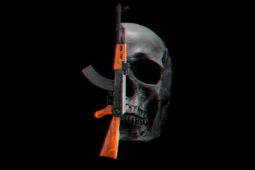 Assault rifle and skull on black background. War or terrorism concept. Anaglyph effect.