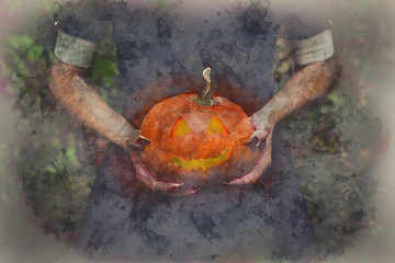 Pumpkin in the hands of a witch