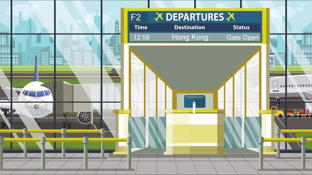 Flight to Hong Kong on airport departure board. Trip to China loopable cartoon animation