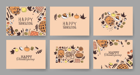 Hand drawn autumn holidays illustration. Creative ink art work. Actual vector drawing. Thanksgiving Day set: food, drinks, things