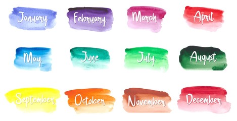 Months of the year on watercolor background. 