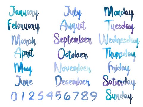 Watercolor lettering of month names, days of week, dates/numbers.