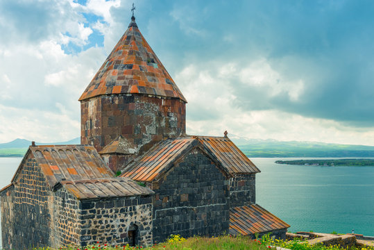 landmark of Armenia and the city of Sevan Sevanavank monastery on the lake on a summer day