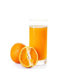 orange juice and slice isolated on white