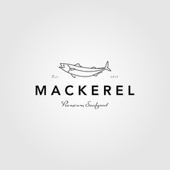 mackerel line art logo vintage vector label illustration - obrazy, fototapety, plakaty