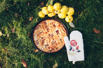 Homemade slice apple pie on glass in garden background.