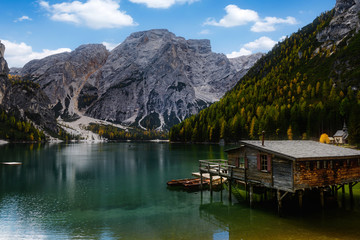Fototapeta na wymiar Lake Braies in the forest, Dolomites