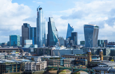 City of London skyscrapers, banks and office buildings in early morning gentle light. London, UK