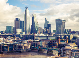 Obraz premium City of London skyscrapers, banks and office buildings in early morning gentle light. London, UK