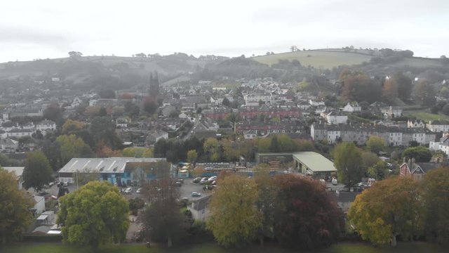 Aerial drone footage of town of Totnes, Devon UK