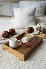 Thanksgiving Day. Orange pumpkins, apples, autumn leaves. Gifts of nature. Happy Thanksgiving. Be thankful. Gather with family. Harvest. Post card. Free space for text.