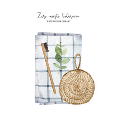Zero waste composition with bathroom accessories– eucalyptus leaf, jute washcloth, bamboo toothbrush, linen towel. Eco-friendly aesthetic. Watercolor hand drawn clipart isolated on white backdrop.