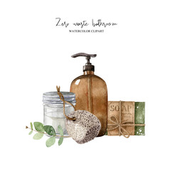 Zero waste composition with bathroom accessories&ndash;pumice, eucalyptus leaf, organic soap, glass dispenser, glass jar. Eco-friendly aesthetic. Watercolor hand drawn clipart isolated on white backdrop.