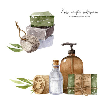 Two zero waste compositions with bathroom accessories&ndash;loofah, pumice, organic soap, glass dispenser, bottle with cork. Eco-friendly aesthetic. Watercolor hand drawn clipart isolated on white backdrop.