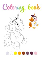 Cute cartoon smiling unicorn coloring book page
