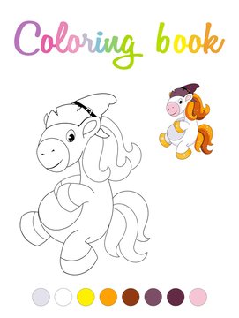 Cute cartoon smiling pony coloring book page