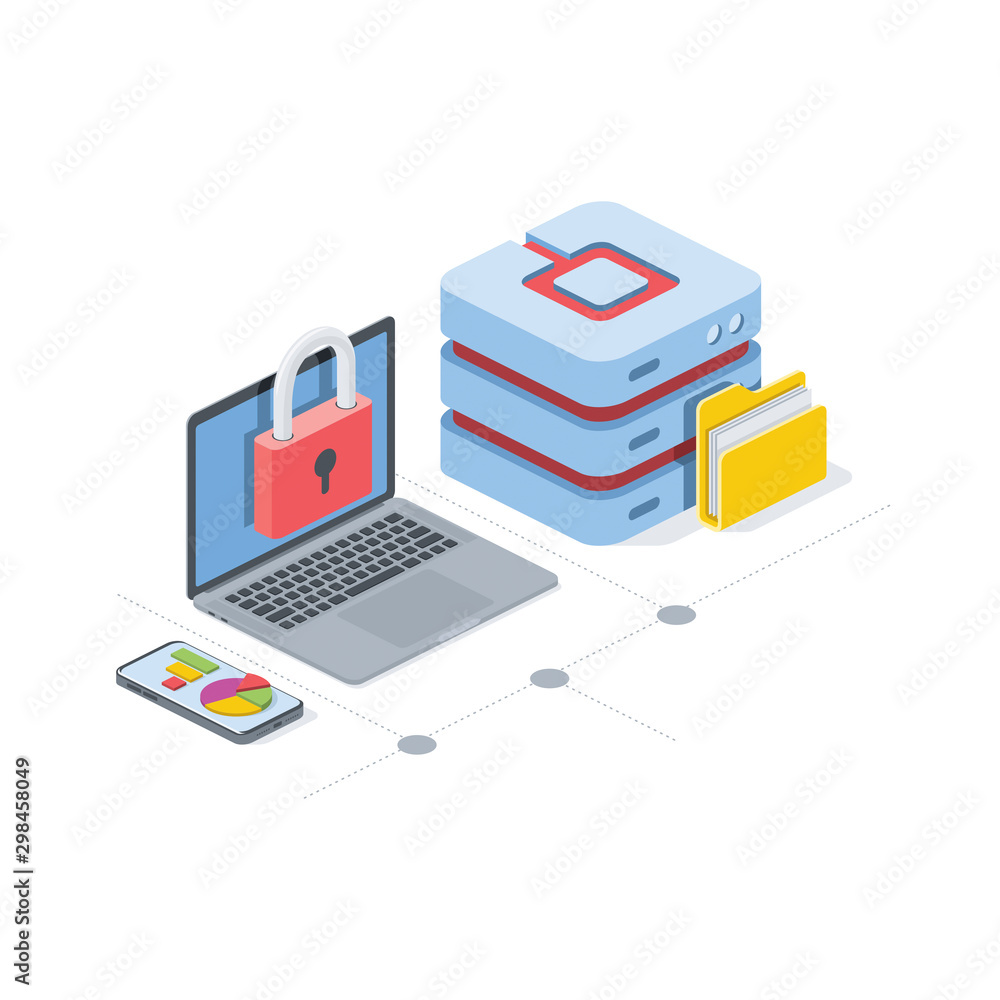 Poster server directory laptop lock analytics charts. vector 3d isometric, color web icon, new flat style. 