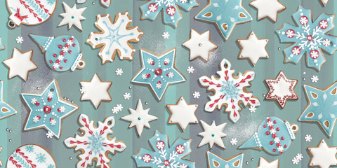 Teal seamless Christmas pattern banner with hand made gingerbread cookie stars
