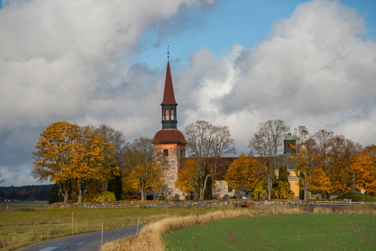 Church from 1100s in the autumn on the Drottningholm island in Stockhol