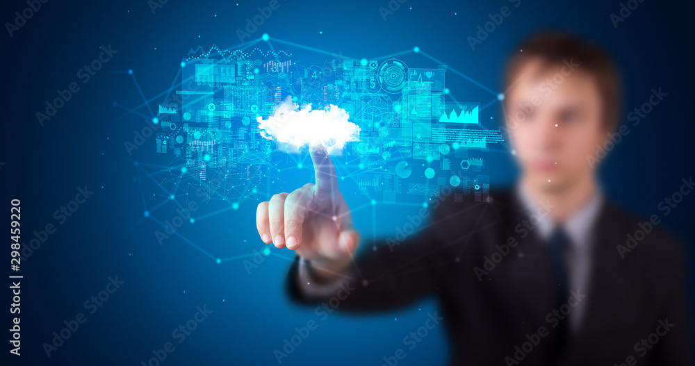 Poster Man touching hologram projection displaying information from cloud based system