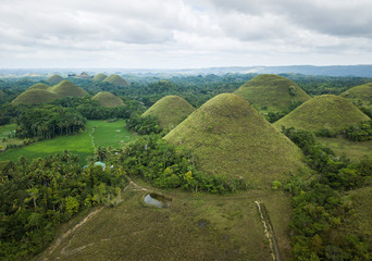 Aerial drone shot of Chockolate hills on Bohol island - Philippines