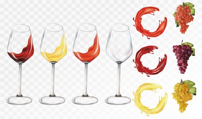 Collection wine grapes. 3D realistic fruits with fruit splashes. Grapes white,red,rose. Icon set. Vector illustration