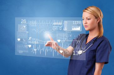 Doctor touching hologram screen displaying healthcare running symbols