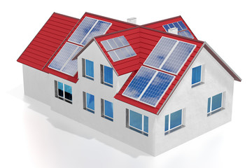 House with solar panels installed on a roof. 3D rendering