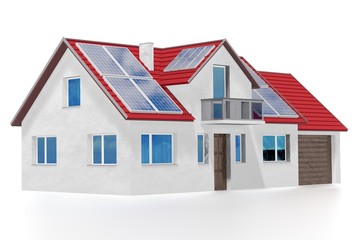 House with solar panels installed on a roof. 3D rendering