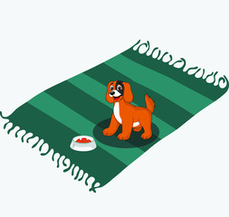 Dog puppy sitting on mat and eating food. Doggy with carpet vector illustration