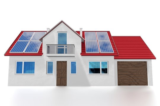 House with solar panels installed on a roof. 3D rendering