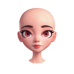 3d digital illustration of a bald young woman with brown eyes isolated on white background. Portrait confident cute cartoon girl without hair after chemotherapy. Freckles woman face with healthy skin.