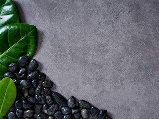 Pebbles black and leaves on gray marble background.