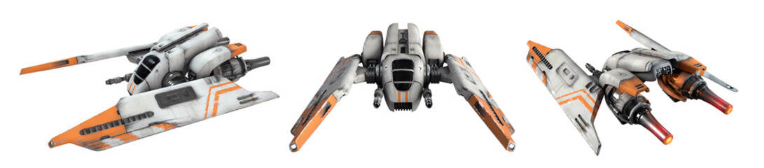 Collection of old scratched metal flying spaceship isolated on white background. 3d illustration of sci-fi white orange vehicle for space wars. Single pilot spaceship. Concept assault fighter, gunship © roman3d