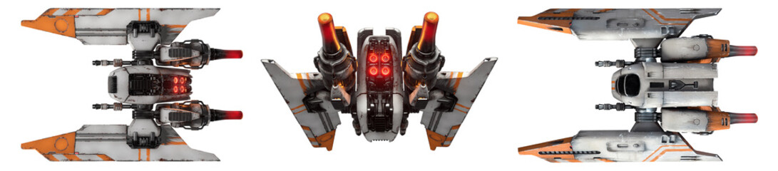 Collection of old scratched metal flying spaceship isolated on white background. 3d illustration of sci-fi white orange vehicle for space wars. Single pilot spaceship. Concept assault fighter, gunship © roman3d