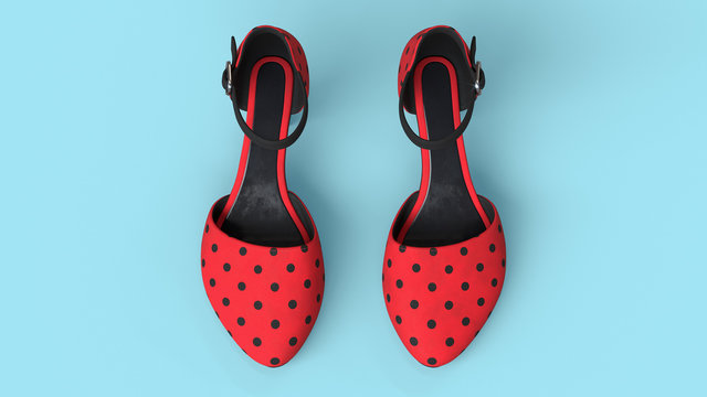 3d illustration of red retro female shoes with black polka dots on blue background. Concept art. Vintage summer sandals with black strap and black insole. Fashion style pair of women's shoes. Top view