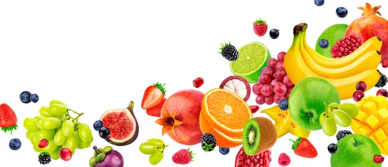 Keuken foto achterwand Flying fruits and berries isolated on white background © xamtiw