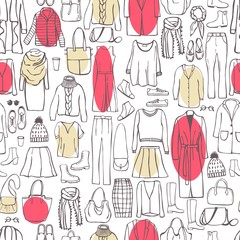 Autumn fashion. Hand drawn women's clothing and shoes. Vector  seamless pattern