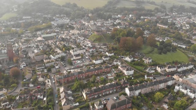 Town of Totnes (Devon, UK), aerial drone footage showing houses, castle & streets