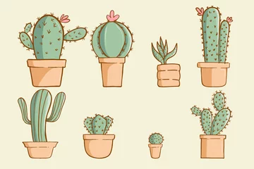 Fotobehang Cactus in pot Cactus achtergrond doodle stijl.