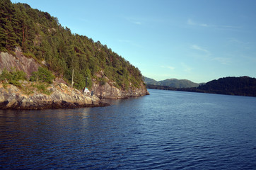 Naklejka premium Tourism vacation and travel. On the board of Flam - Bergen ferry. Sognefjord, Norway, Scandinavia.