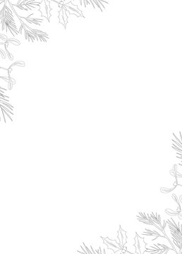 recommend clip art: Frame with black hand drawn christmas new year winter doodle icons fir branches mistletoe holly jolly isolated. Vector illustration in outline style