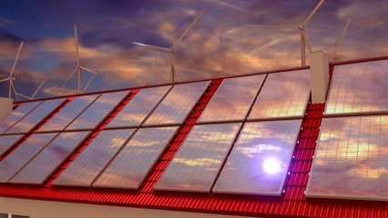 Solar panels, wind turbines, sunset sky. 3D rendering