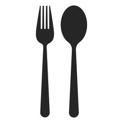 Spoon, fork, black, white background.