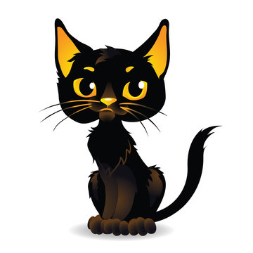Serious black cat. Cartoon style. Isolated illustration on a white background..