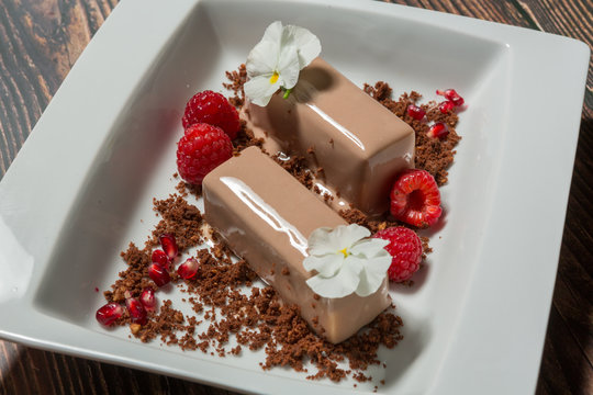 Chocolate cake with raspberry served in the restaurant